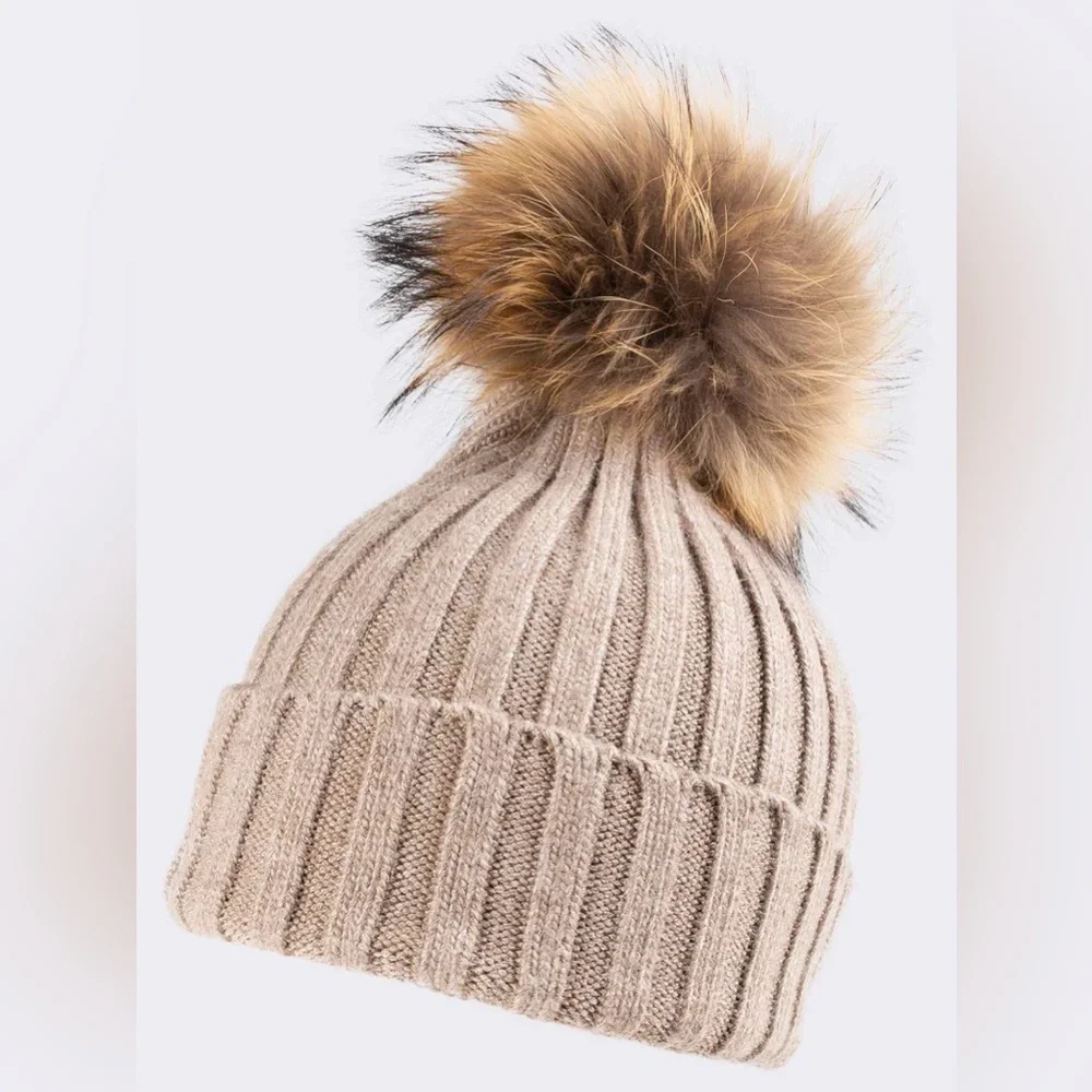 Not branded Cozy Ribbed Knit Beanie with real Fur Pom Pom wool and acrylic